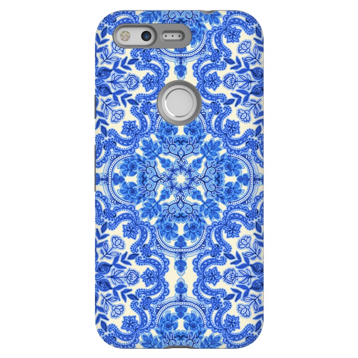 Pixel StrongFit Cobalt Blue and China White Folk Art Pattern by Micklyn Le Feuvre