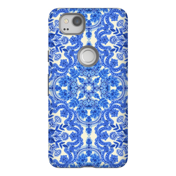 Pixel 2 StrongFit Cobalt Blue and China White Folk Art Pattern by Micklyn Le Feuvre