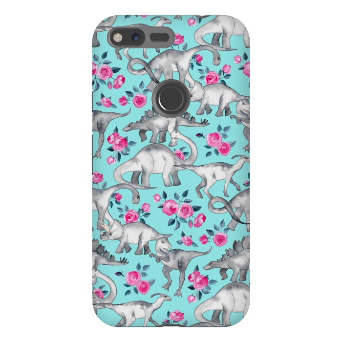 Pixel XL StrongFit Dinosaurs and Roses on Turquoise by Micklyn Le Feuvre