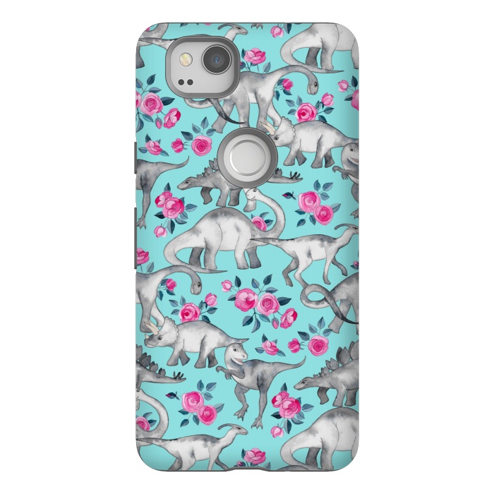 Pixel 2 StrongFit Dinosaurs and Roses on Turquoise by Micklyn Le Feuvre
