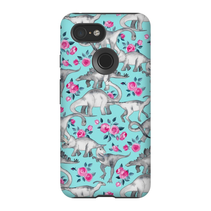 Pixel 3 StrongFit Dinosaurs and Roses on Turquoise by Micklyn Le Feuvre