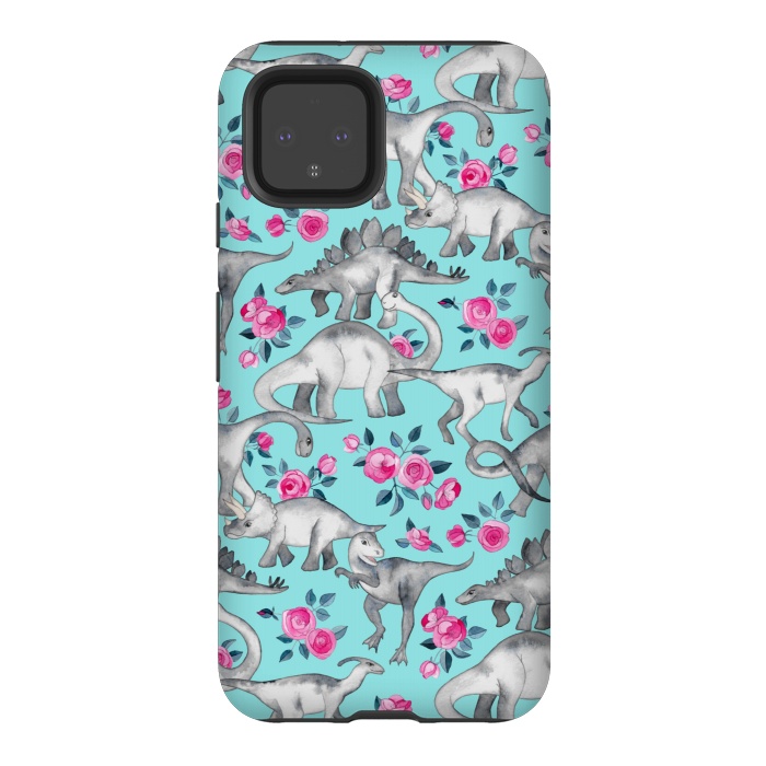 Pixel 4 StrongFit Dinosaurs and Roses on Turquoise by Micklyn Le Feuvre
