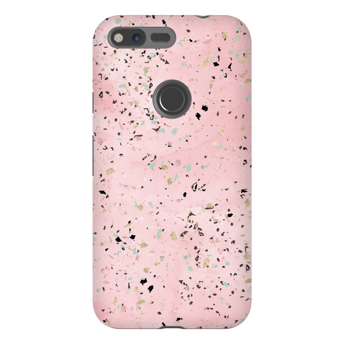 Pixel XL StrongFit Blush and gold marble terrazzo design by InovArts