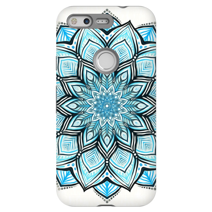 Pixel StrongFit Turquoise Tribal Mandala on White by Micklyn Le Feuvre