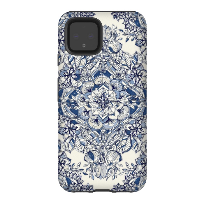Pixel 4 StrongFit Floral Diamond Doodle in Dark Blue and Cream by Micklyn Le Feuvre