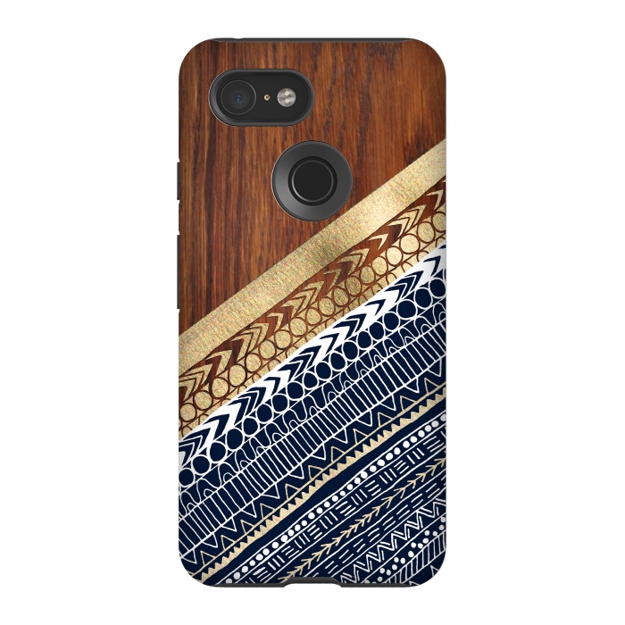 Pixel 3 StrongFit Navy & Gold Tribal on Wood by Tangerine-Tane