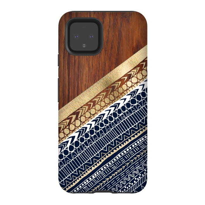 Pixel 4 StrongFit Navy & Gold Tribal on Wood by Tangerine-Tane