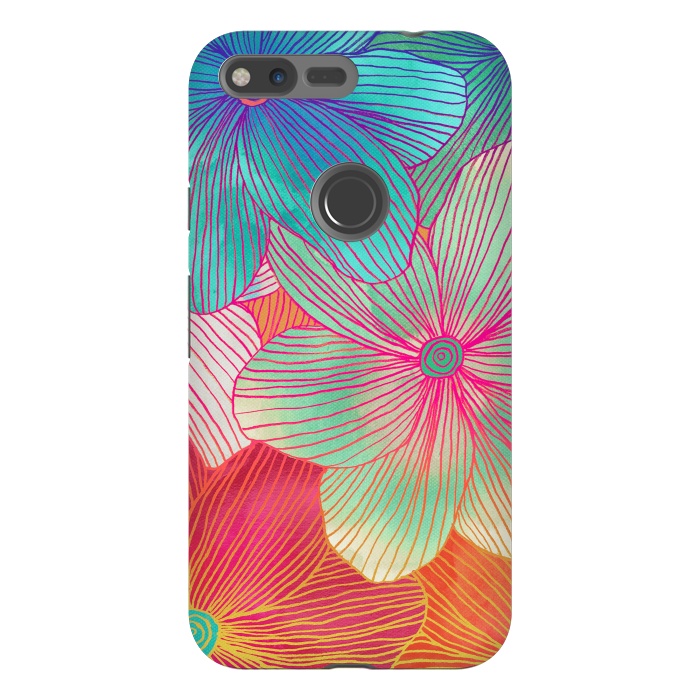 Pixel XL StrongFit Between the Lines - tropical flowers in pink, orange, blue & mint by Micklyn Le Feuvre