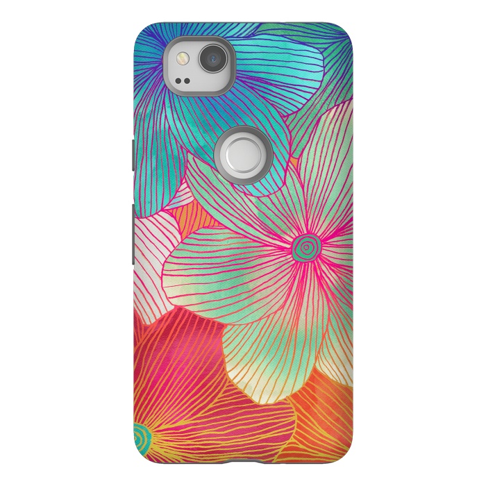 Pixel 2 StrongFit Between the Lines - tropical flowers in pink, orange, blue & mint by Micklyn Le Feuvre