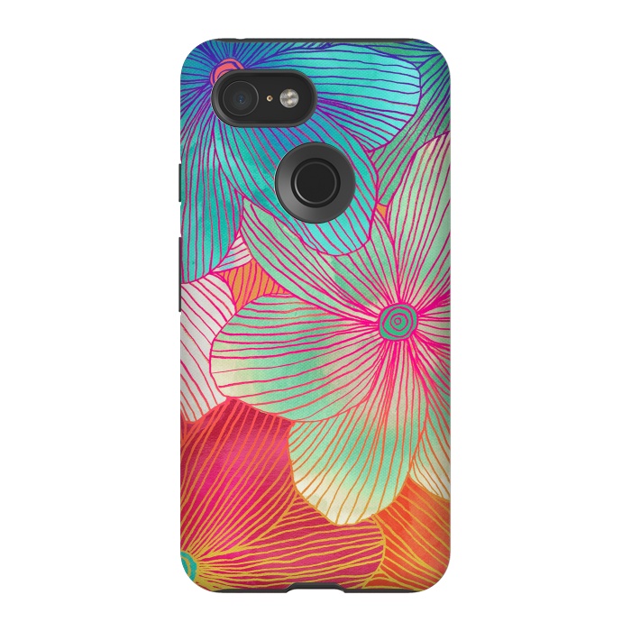 Pixel 3 StrongFit Between the Lines - tropical flowers in pink, orange, blue & mint by Micklyn Le Feuvre
