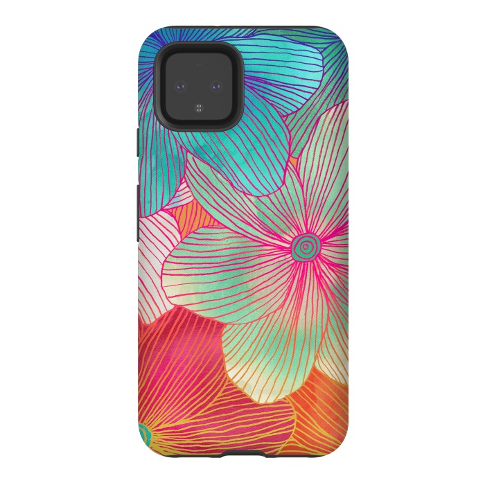 Pixel 4 StrongFit Between the Lines - tropical flowers in pink, orange, blue & mint by Micklyn Le Feuvre