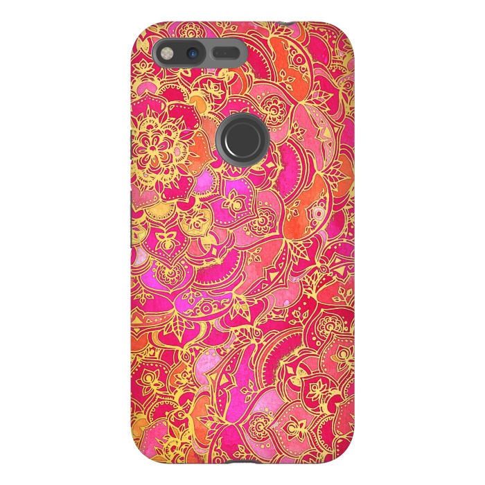 Pixel XL StrongFit Hot Pink and Gold Baroque Floral Pattern by Micklyn Le Feuvre