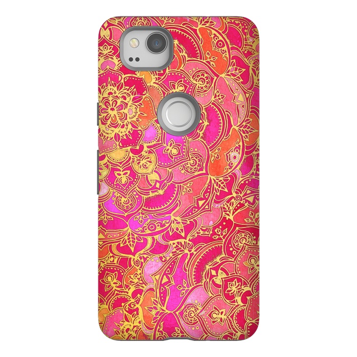 Pixel 2 StrongFit Hot Pink and Gold Baroque Floral Pattern by Micklyn Le Feuvre