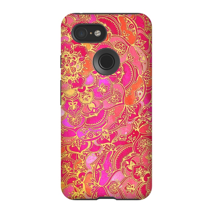Pixel 3 StrongFit Hot Pink and Gold Baroque Floral Pattern by Micklyn Le Feuvre