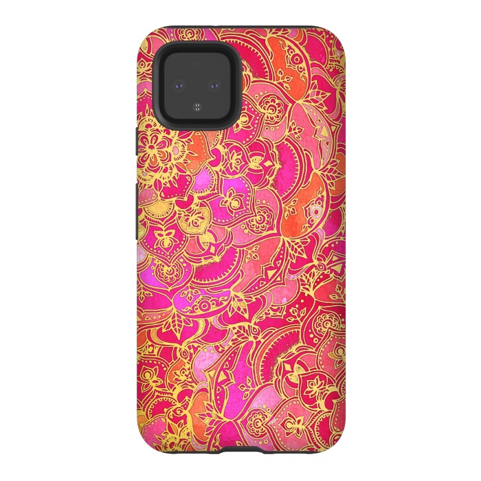 Pixel 4 StrongFit Hot Pink and Gold Baroque Floral Pattern by Micklyn Le Feuvre