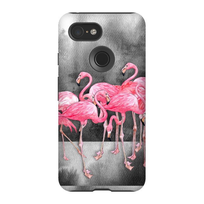 Pixel 3 StrongFit Pink Flamingos in Watercolor & Ink by Micklyn Le Feuvre