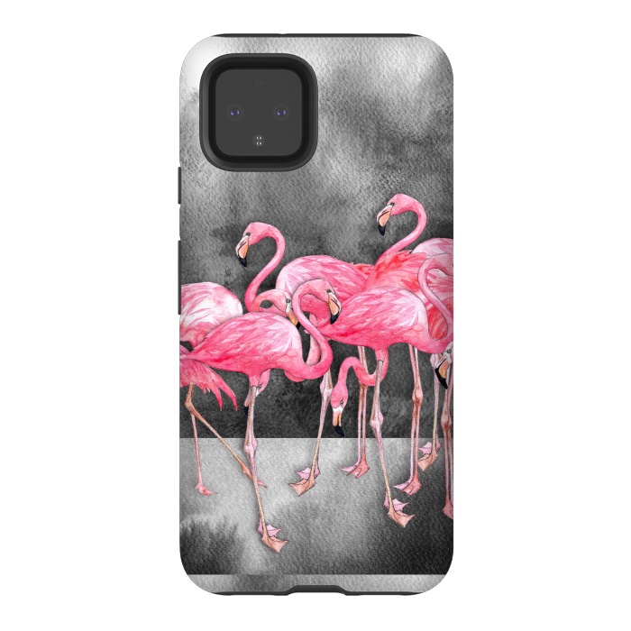 Pixel 4 StrongFit Pink Flamingos in Watercolor & Ink by Micklyn Le Feuvre
