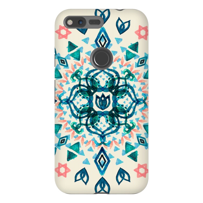 Pixel XL StrongFit Watercolor Lotus Mandala in Teal & Salmon Pink by Micklyn Le Feuvre