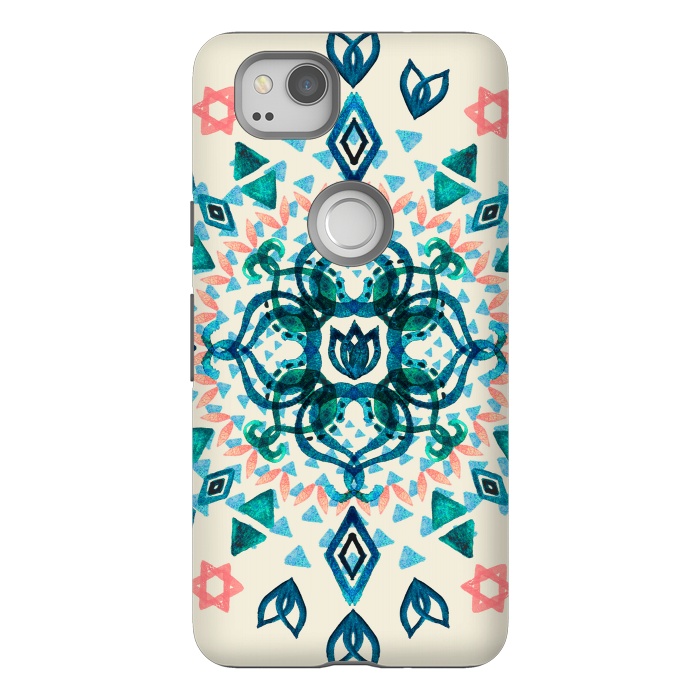 Pixel 2 StrongFit Watercolor Lotus Mandala in Teal & Salmon Pink by Micklyn Le Feuvre
