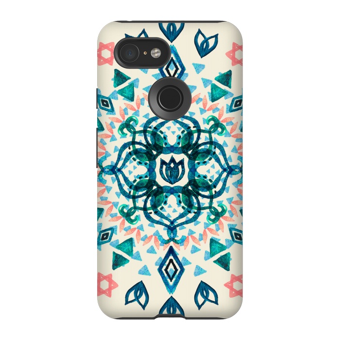 Pixel 3 StrongFit Watercolor Lotus Mandala in Teal & Salmon Pink by Micklyn Le Feuvre