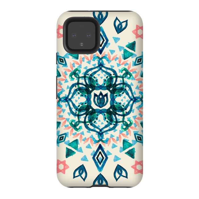 Pixel 4 StrongFit Watercolor Lotus Mandala in Teal & Salmon Pink by Micklyn Le Feuvre