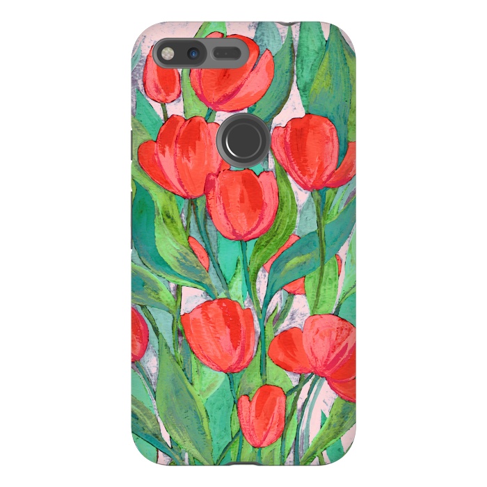 Pixel XL StrongFit Blooming Red Tulips in Gouache  by Micklyn Le Feuvre