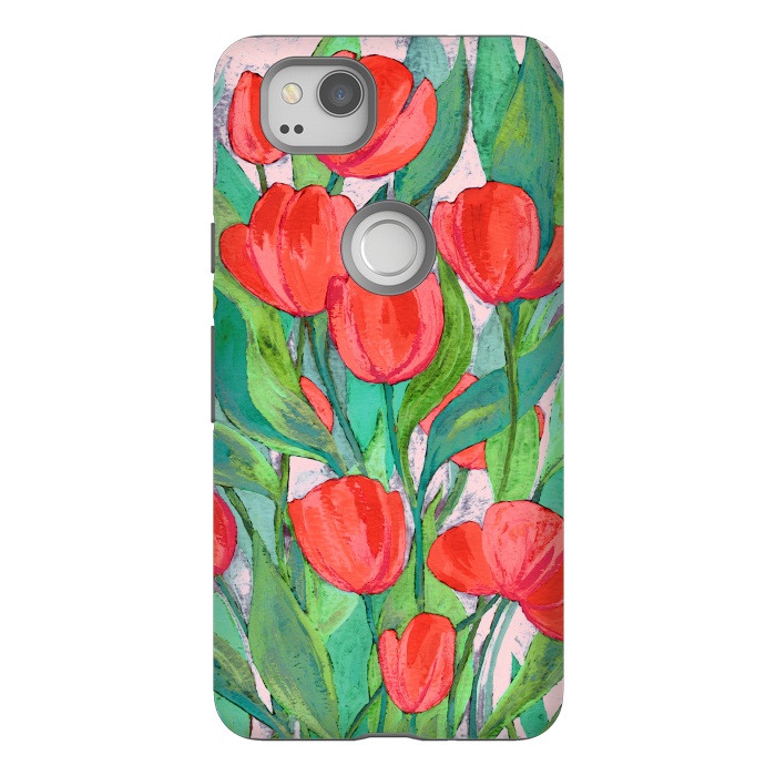 Pixel 2 StrongFit Blooming Red Tulips in Gouache  by Micklyn Le Feuvre