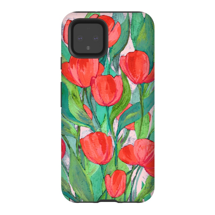 Pixel 4 StrongFit Blooming Red Tulips in Gouache  by Micklyn Le Feuvre