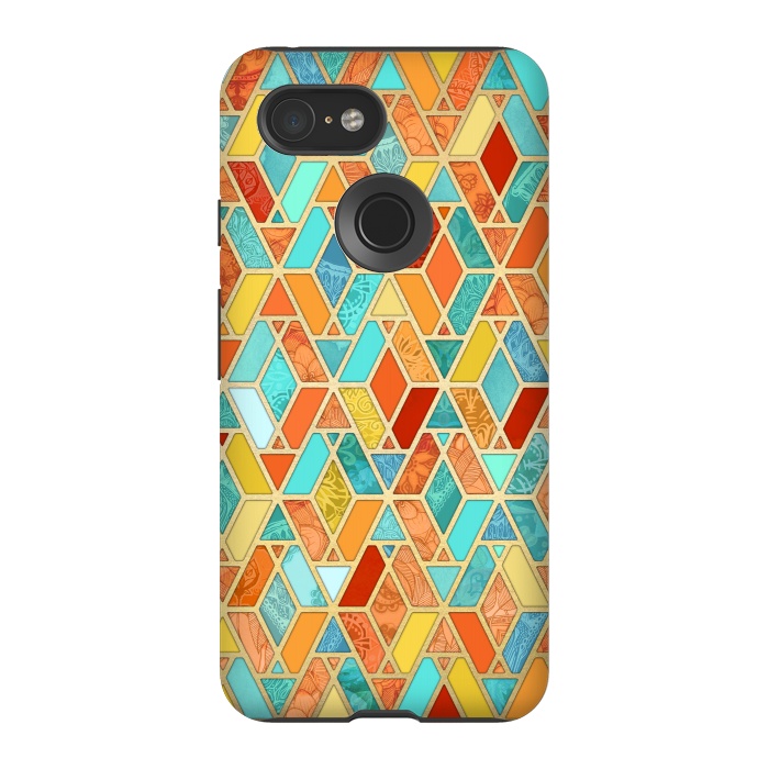 Pixel 3 StrongFit Tangerine and Turquoise Geometric Fall Pattern by Micklyn Le Feuvre
