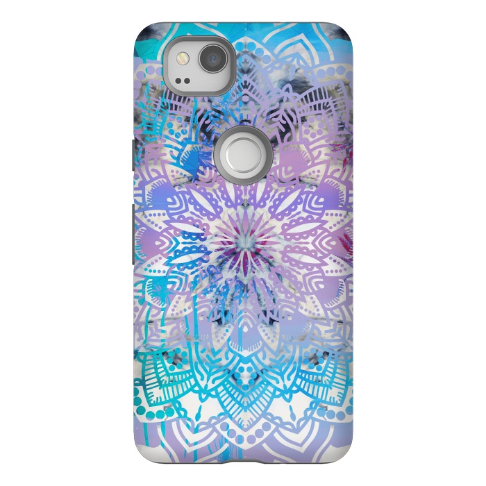 Pixel 2 StrongFit Blue lavender mandala drawing on white marble by Oana 