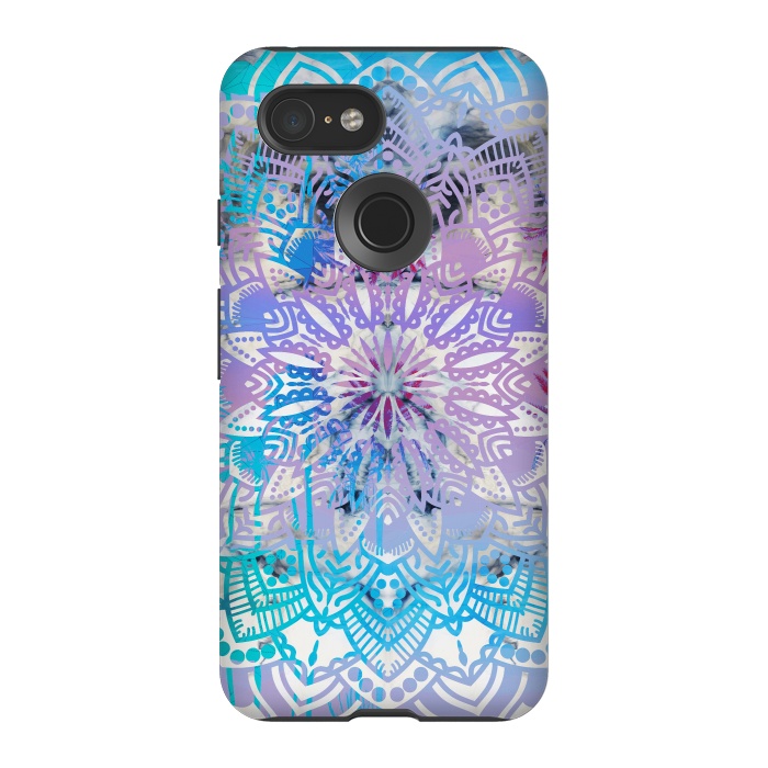 Pixel 3 StrongFit Blue lavender mandala drawing on white marble by Oana 