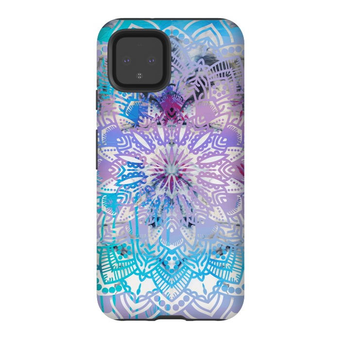Pixel 4 StrongFit Blue lavender mandala drawing on white marble by Oana 