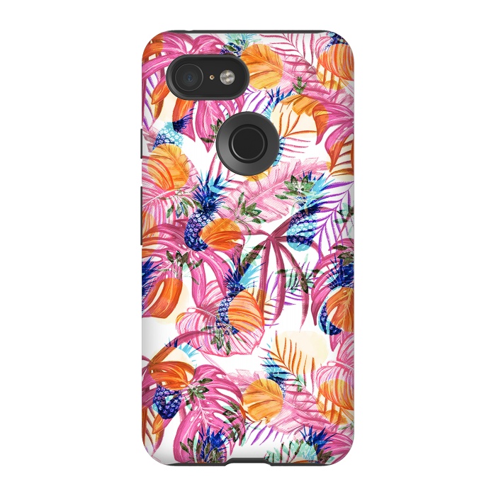Pixel 3 StrongFit Pink tropical leaves and blue pineapples by Oana 