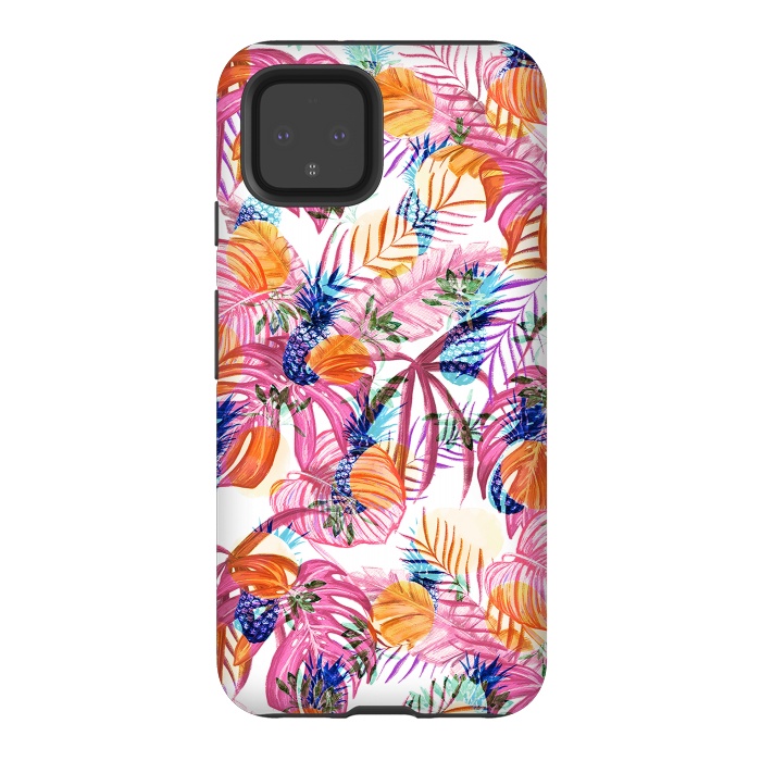 Pixel 4 StrongFit Pink tropical leaves and blue pineapples by Oana 