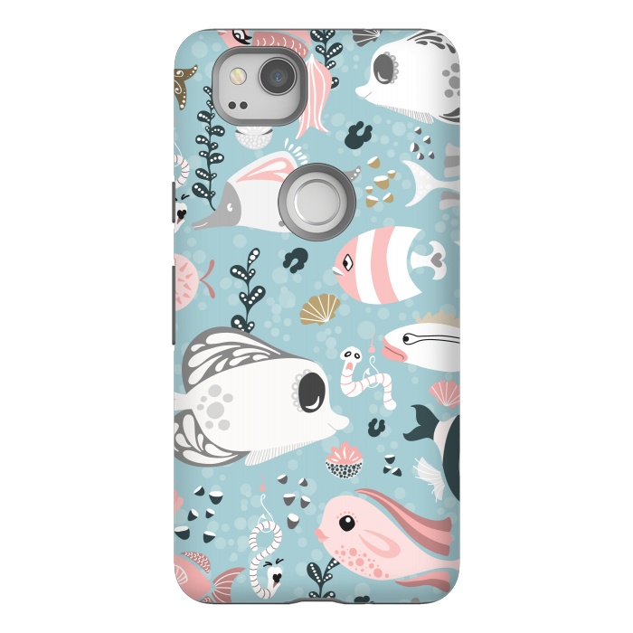 Pixel 2 StrongFit Funny Fish in Pink and Grey by Paula Ohreen