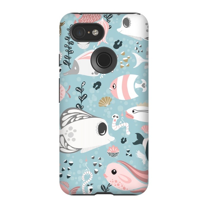 Pixel 3 StrongFit Funny Fish in Pink and Grey by Paula Ohreen