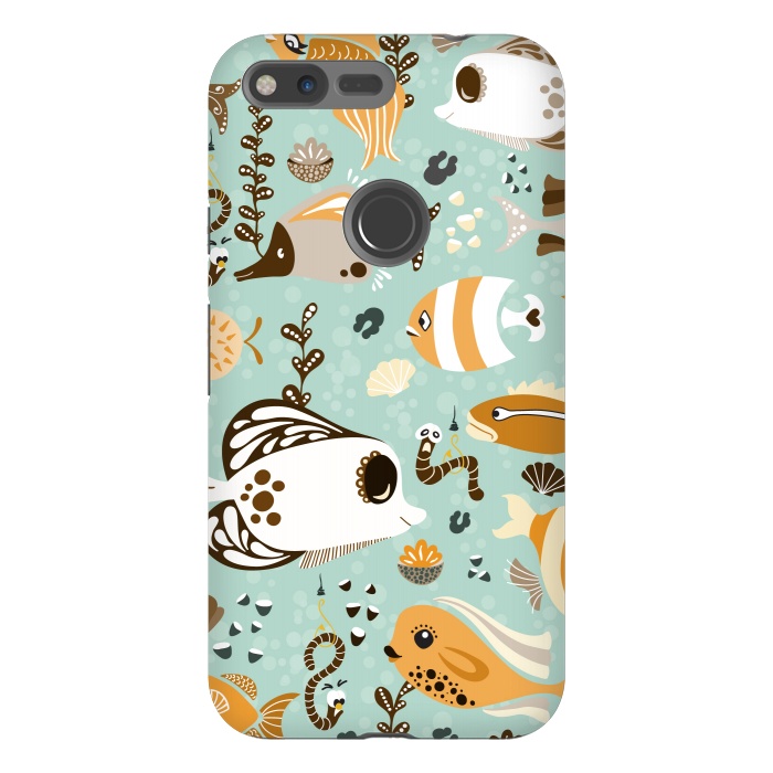 Pixel XL StrongFit Funny Fish in Orange and Brown by Paula Ohreen