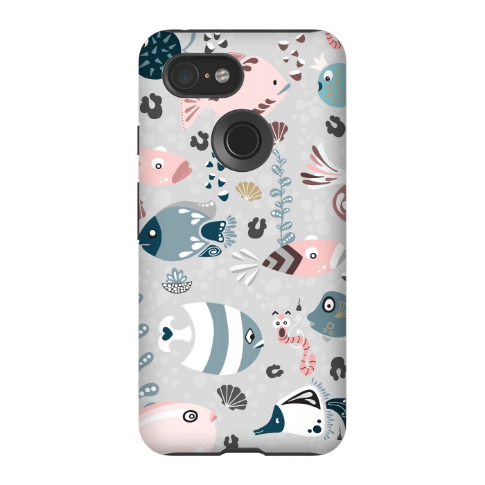 Pixel 3 StrongFit Funny Fish in Pink and Blue by Paula Ohreen