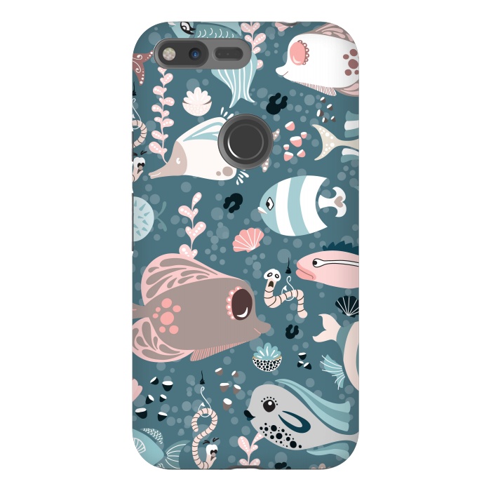 Pixel XL StrongFit Funny Fish in Blue and White by Paula Ohreen
