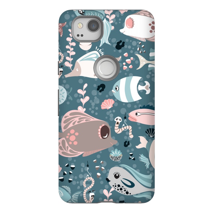 Pixel 2 StrongFit Funny Fish in Blue and White by Paula Ohreen