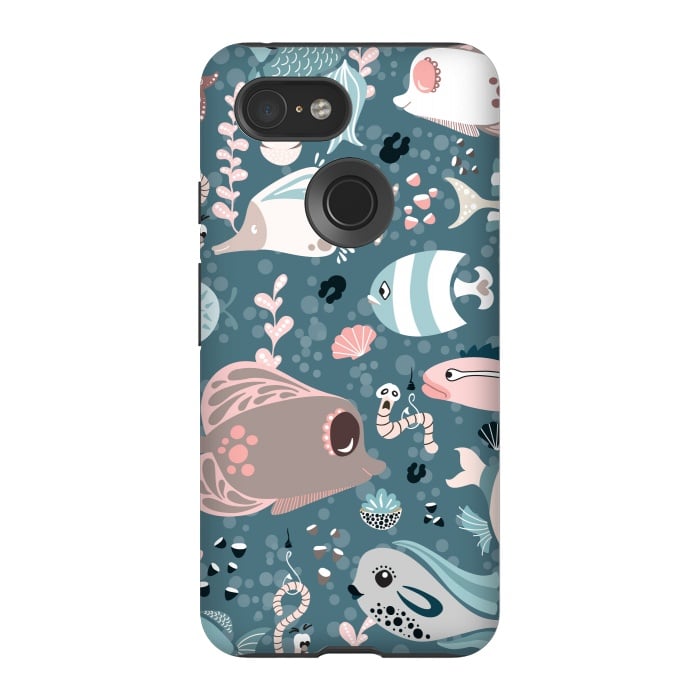 Pixel 3 StrongFit Funny Fish in Blue and White by Paula Ohreen