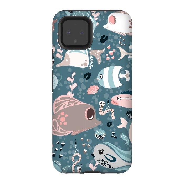 Pixel 4 StrongFit Funny Fish in Blue and White by Paula Ohreen
