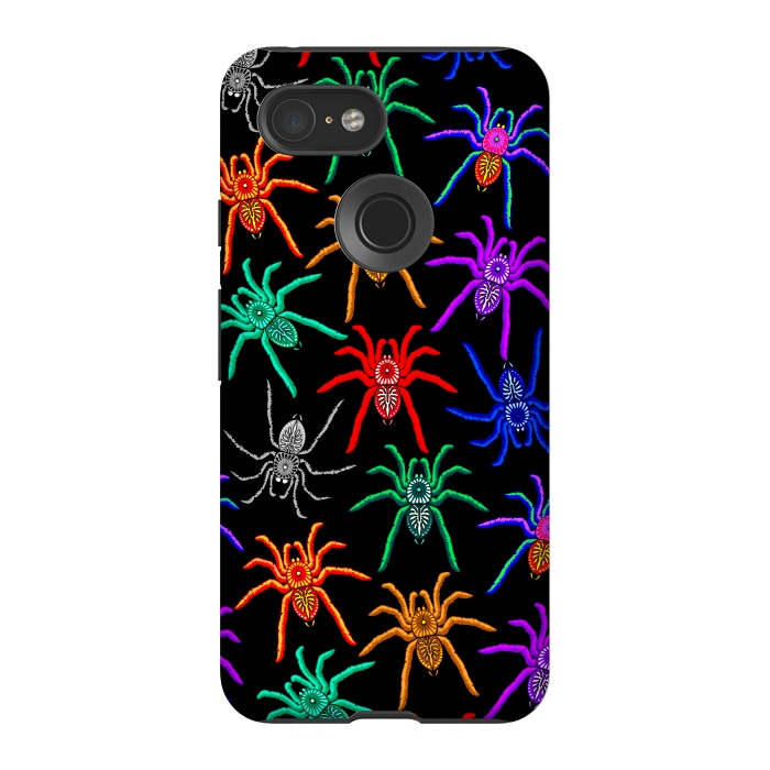 Pixel 3 StrongFit Spiders Pattern Colorful Tarantulas on Black by BluedarkArt