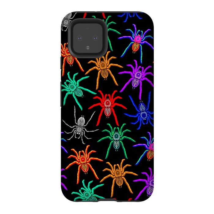 Pixel 4 StrongFit Spiders Pattern Colorful Tarantulas on Black by BluedarkArt