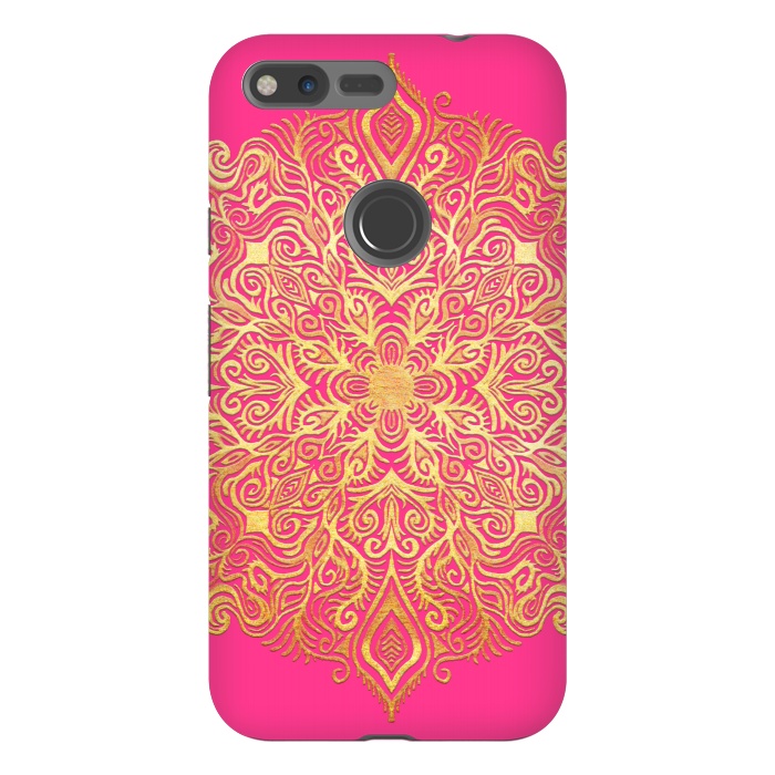 Pixel XL StrongFit Ornate Gold Mandala on Hot Pink by Micklyn Le Feuvre