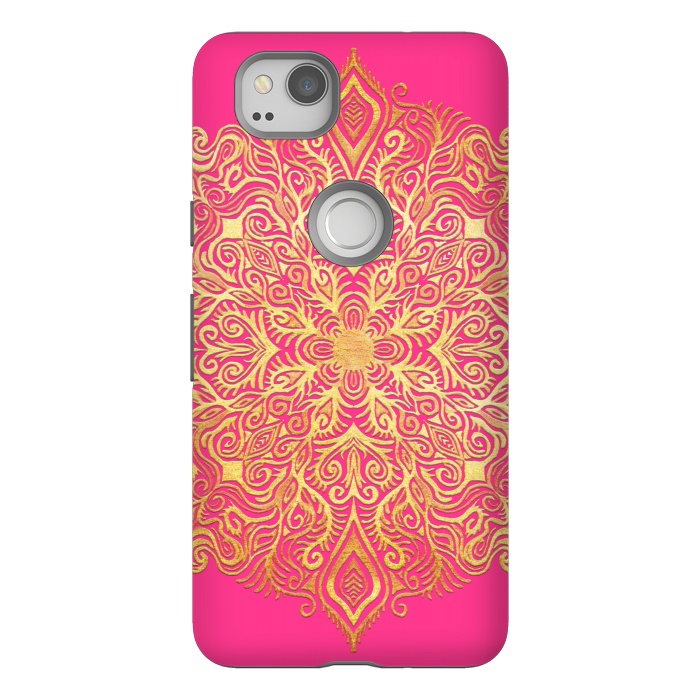 Pixel 2 StrongFit Ornate Gold Mandala on Hot Pink by Micklyn Le Feuvre