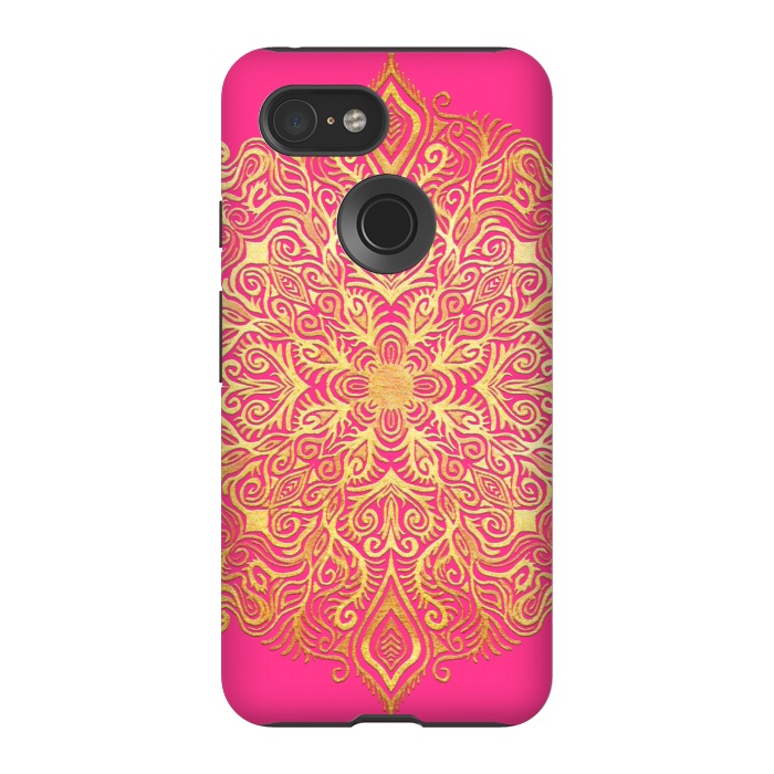 Pixel 3 StrongFit Ornate Gold Mandala on Hot Pink by Micklyn Le Feuvre