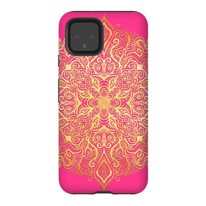 Pixel 4 StrongFit Ornate Gold Mandala on Hot Pink by Micklyn Le Feuvre