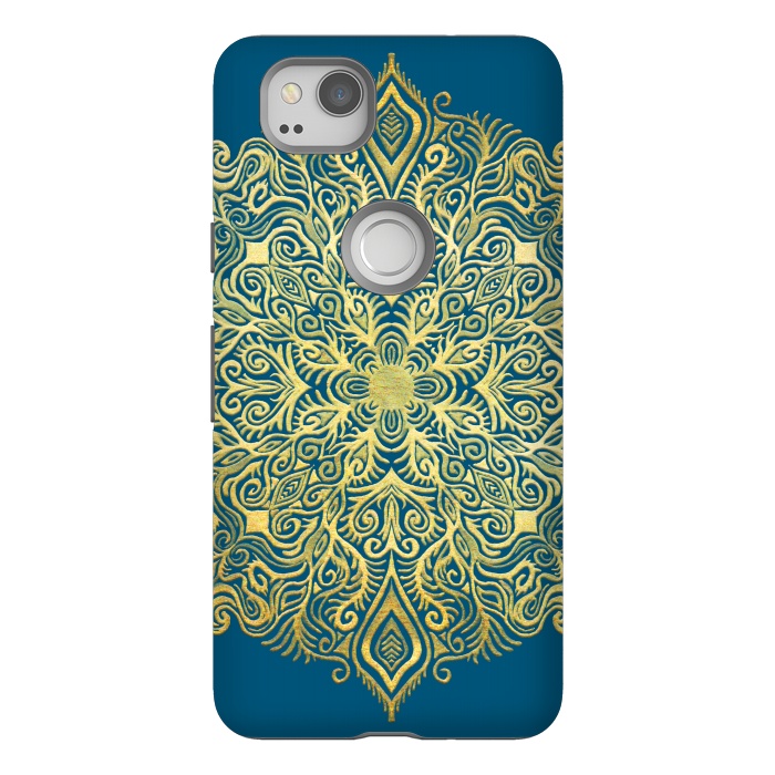 Pixel 2 StrongFit Ornate Gold Mandala on Deep Blue by Micklyn Le Feuvre