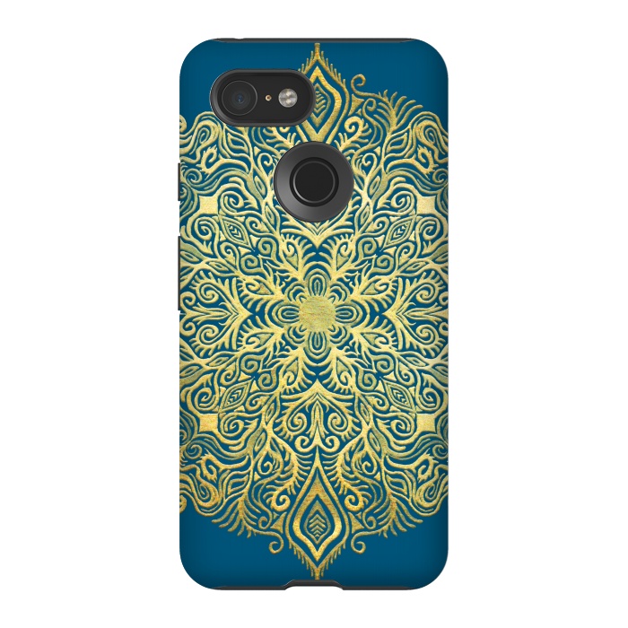 Pixel 3 StrongFit Ornate Gold Mandala on Deep Blue by Micklyn Le Feuvre